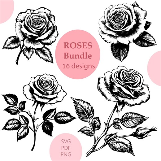 Roses SVG 16 Vector Clipart Bundle: Engrave Laser, Print, Flower DIY (digital Download)