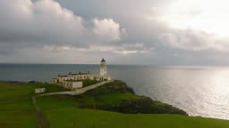 Drone view of Neist Point Lighthouse, Isle of Skye, Scotland