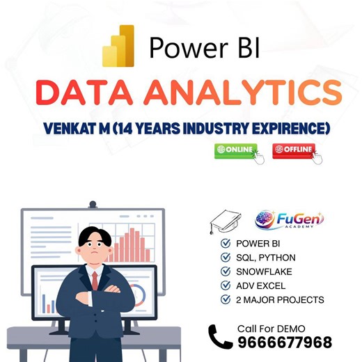 Fugen Aademy on Instagram: "Power BI Data Analytics – Learn from Industry Experts! Turn raw data into clear insights and powerful dashboards with our hands-on Data Analytics training. Designed for beginners and professionals aiming to grow in analytics roles. 👨‍🏫 Trainer: Venkat M (14+ Years Industry Experience) 🌐 Online & Offline training available 🛠 Tools covered: Power BI, SQL, Python, Snowflake & Advanced Excel 📂 Work on 2 major real-time projects 🎯 Career-focused, practical learning �