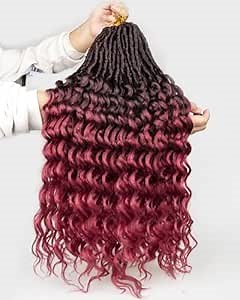 Goddess Faux Locs Crochet Hair -24 Inches 8 Packs 112 Strands Pre Looped Ombre Burgundy Synthetic Hair Extensions,Soft Goddess Locs Braids with Long Deep Wave Curly Ends(24"-8 Packs,T1B/Bug)
