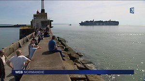 Le MOL Triumph, l'un des plus gros porte-conteneurs au monde, en escale ce lundi au Havre. C'est le seul bâtiment à pouvoir transporter plus de 20 000 conteneurs. | France 3 Normandie