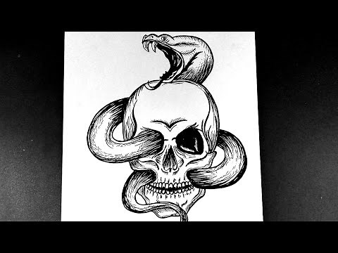 How to draw a skull tribal tattoo || Skull with snake drawing
