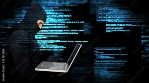 Digital animation of hacker using the laptop in data center 4k