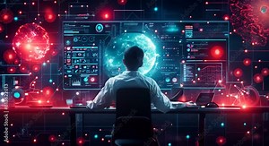 Data science and big data technology. Scientist computing, analysing and visualizing complex data set on computer. Data mining, artificial intelligence, machine learning, business analytics