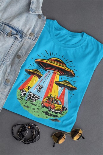Alien Abduction Shirt – Retro UFO Cow Art, Funny Sci-fi Tee - Etsy