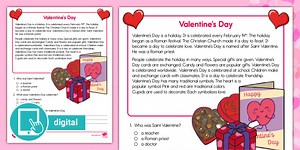 Second Grade Valentine's Day Reading Passage Comprehension Worksheet