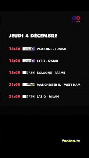 foot à la TV aujourd'hui jeudi 4 décembre. Programme TV foot ce soir #foot #TV #match #ProgrammeTV