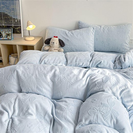 Light Blue Bow Embossed Bedding Set for Bedroom Decor - Etsy