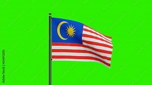 3D Rendered Malaysia National Flag Waving Animation with Realistic Wind Motion, National flag of Malaysia with seamless loop animation, 2K Resolution with Green Screen Background