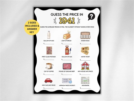 1941 Guess the Price Game, 1941 Birthday Game for Him Her, 1941 Trivia Game, Born in 1941 Game, 1941 Party Games, Birthday Trivia Game - Etsy