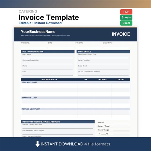 Catering Invoice Template PDF Excel | Editable Catering Invoice | Small Business Caterer - Etsy