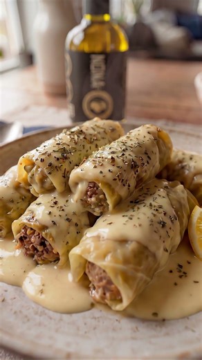 Stuffed Cabbage Leaves in Lemon Cream Sauce (Lahanodolmades) #Family#Food#Friends