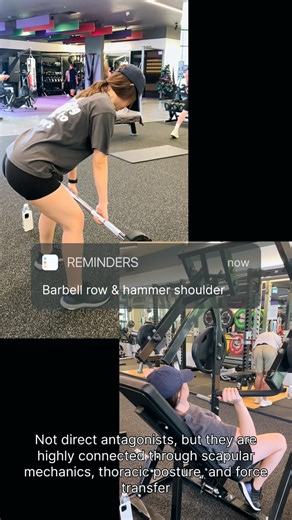 𝐇𝐎 | 𝐏𝐑𝐀𝐂𝐓𝐈𝐂𝐀𝐋 𝐂𝐎𝐀𝐂𝐇𝐈𝐍𝐆 on Instagram: "”How the Barbell Row Improves the Shoulder Press?“ -Scapular Stability This improves scapular retraction and depression control during the shoulder press 1. Prevents excessive scapular elevation 2. Reduces anterior shoulder -Thoracic Extension & Posture Proper barbell rows demand thoracic extension under load A stable, extended thoracic spine allows 1. Natural humeral external rotation 2. Better overhead pressing mechanics 3. Reduced tors