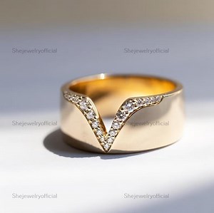 14k Gold Chevron Ring, V Shaped Wide Band, Minimalist Stackers, Unisex Wedding or Anniversary Gift - Etsy