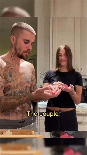 Justin Bieber goes shirtless as he makes sushi with wife Hailey during home cooking lesson