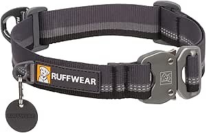 Ruffwear, Top Rope Dog Collar, Premium Secure Stainless Steel Talon Buckle, Reflective Padded Adjustable Heavy Duty Nylon with Silent ID Attachment, Enhanced Protection, Basalt Gray, 11"-14"