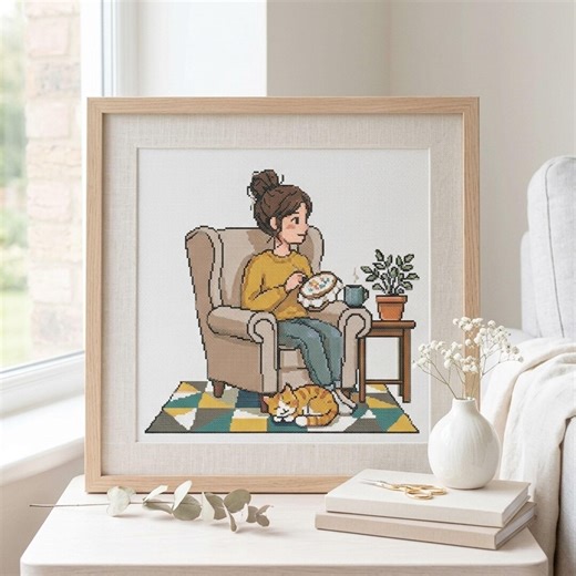 Girl Sewing & Cat Cross Stitch Pattern. Easy Beginner Stitching Template. Instant Digital Download - Etsy