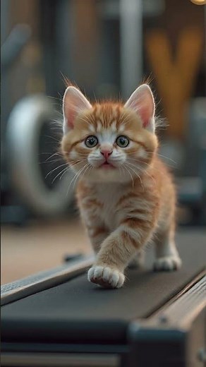 A chubby cute kitten running on a miniature treadmill with tiny sneakers