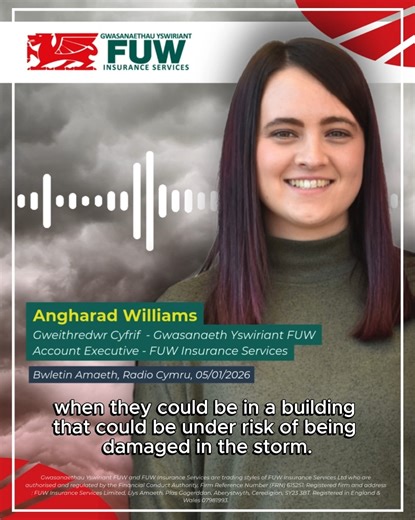 ⚠ ⛈ Gyda nifer gynyddol o rybuddion tywydd garw dros y misoedd diwethaf, bu Angharad Williams, Gweithredwr Yswiriant UAC - FUW Sir Gaernarfon ar Radio Cymru'r wythnos hon yn trafod y camau gall ffermwyr eu cymryd i ddiogelu eu heiddo a'u busnesau mewn tywydd garw. Gwrandewch ar y cyfweliad llawn isod: 🔗 https://www.bbc.co.uk/programmes/p0mrsxhw ⛈ ⚠ With a growing number of weather warnings over recent months, FUW Insurance Services' Angharad Williams was interviewed by Radio Cymru this week, di