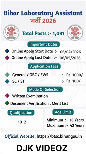 BTSC Lab Assistant Vacancy 2026 I Bihar BTSC Laboratory Assistant Syllabus 2026 #btsc #jobs2026 😱🇮🇳🔥