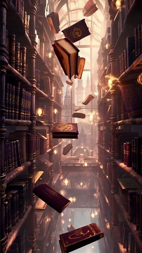 A magical library with endless shelves, floating books, just like a wizard movie