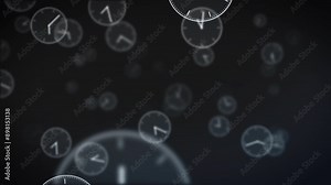 Fast moving clock symbols fly in front of black background, animation