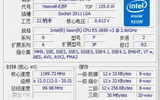 INTEL XEON E5 2690V3处理器全核@3.5G频率下性能参数和CPU-Z测试得分。感谢粉丝“bili_25685641106”提供测试视频！