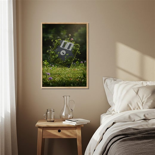 Retro Floppy Disk Wall Art, Nature Overgrown Tech Decor, Surreal Greenery Poster, Vintage Digital Memory Artwork, Unique Balcony Accent - Etsy