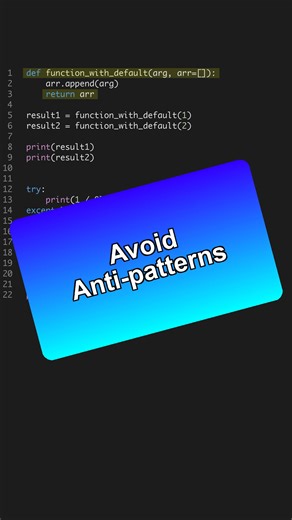 Watch out for these Python anti-patterns 🚨 Avoid bugs with clean code tips. #beginner --- Get the Python for AI course 6 projects at the link in bio. 🐍