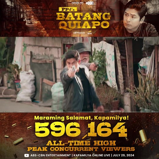 Maraming Salamat sa lahat ng sumubaybay sa #FPJBQGantiNiMayor sa Kapamilya Online Live - 596,164 ALL TIME HIGH PEAK CONCURRENT VIEWERS!! 🔥🔥🔥 #FPJsBatangQuiapo gabi-gabi, 8PM sa Kapamilya Channel, Kapamilya Online Live, Cinemo, A2Z, at TV5! Mapapanood rin sa iWantTFC at TFC!