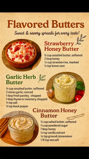 🍯 My grandma used to keep a small jar of homemade butter in the fridge — one sweet, one savory, and one that smelled like Sunday breakfast. These Flavored Butters taste just like those memories spread on warm biscuits. 💛 🍓 STRAWBERRY HONEY BUTTER Ingredients: • ½ cup unsalted butter, softened • 2 tbsp honey • ¼ cup mashed strawberries • ½ tsp lemon zest Steps: 1️⃣ Stir everything together until smooth and creamy. 2️⃣ Chill for 20 minutes and spread over warm toast or pancakes. 🧄 GARLIC HERB 