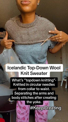 Creating my first Icelandic Top Down knitted sweater in 100% Wool. Knitting with circular needles from collar to waist. The sweater is seperated into “columns” and the total amount of columns seperate into arm sleeves and body portion according to your gauge and tension. #knittersoftiktok #keepknitting #keepcreating #nyc #icelandicsweater #yokeknitting