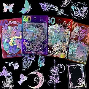 Holographic Glitter Stickers Set -160 Pcs with 4 Themes - Transparent Resin Stickers, Butterfly, Mushroom, Flower Sticker Pack, Vintage Scrapbook Stickers for Journaling Planner Laptop Water Bottles