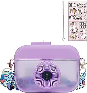 Camera Bottle Travel Cup with Straw Birthday Party Gift Ice Drinking Water Bottle Mug with Strap Picnic (camera purple, 400 ml)