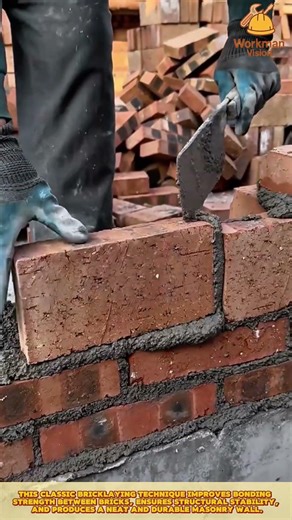 Construction Worker Installing Red Bricks with Mortar Trowel Technique