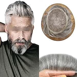 Mens Toupee Hair System For Men Swiss Lace Hair Pieces Men's Toupee Real Human Hair Unit Men Hairpieces 7''X9'' #1B80#1B Off Black+80% Grey