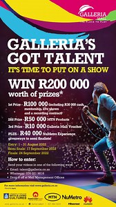 3 days left to enter .... 😲😲😲 How to enter; submit your videos to: Email: talent@galleria.co.za WhatsApp: 076 021 9816 Drop off at Mall Management Offices Galleria’s Got Talent in collaboration with eThekwini Municipality (Arts & Living Cultures), East Coast Radio, MTN (Huawei and Hisense) and Nu Metro. For more information visit www.galleria.co.za *Ts and Cs Apply. | Galleria Mall