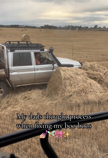 FYI before the tiktok operators jump down my throat. The baler monitor in the cab blew a fuse and before we worked that out we had already kicked the unwrapped bale out of the baler. I also had no spare fuses so dad had to come help. As for the bale, well I was about to spread that with tractor but I think he wanted a minute to be a child and pretend he was driving a bulldozer 🤣 it’s not that deep #farming #dad #johndeere #lovesme #straw #bailing #demo
