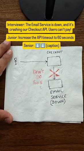 Napkin Engineer on Instagram: "Your Checkout flow should never die just because your Email Provider is having a bad day. 🛑 We often treat external API calls (like sending an order confirmation via any third party service) as if they are instant and reliable. But in reality, third-party services lag, crash, or time out. ❌ What the Junior Misses: The Junior developer thinks sequentially: Save Order -> Send Email -> Return Success. (Tight Coupling) If they suggest "increasing the timeout," they ar