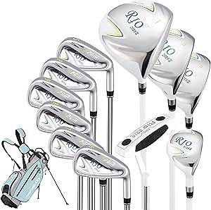 PGM Ladies Women's Complete Golf Club Set - 11 Pieces - 3 Wood (#1,3,5), 1 Hybrid (#4H), 6 Irons(#5,6,7,9,PW,SW), 1 Putter - Golf Stand Bag - Titanium Club Head