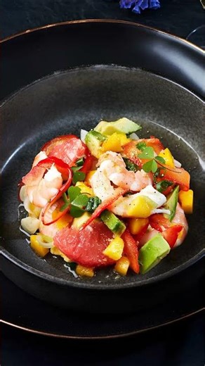 Shrimp salad with citrus fruits, mango, and avocado