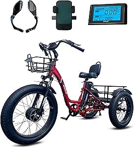 EMOJO Caddy Pro 500W 20 x 4.0 Inch Fat Tire Electric Tricycle for Adults Hydraulic Disk Brakes Ebike Trike 7 Speed Pedal Assist 3 Wheel Electric Bike with 48V 15.6Ah Battery (Red)