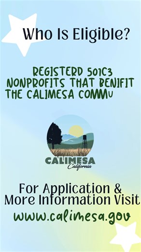 ✨ Nonprofits, this one’s for you! ✨ Calimesa’s Community Grant Program is open now through Nov. 30! ✔️ 501(c)(3) Orgs Eligible ✔️ Up to $3,000 available ✔️ Apply at Calimesa.gov Let’s support projects that make Calimesa shine! 🌟 #Calimesa #CommunityGrant #NonprofitSupport | City of Calimesa