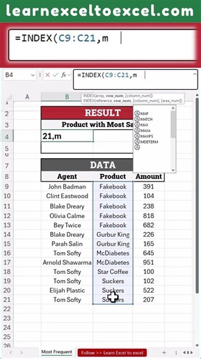 Find the Most Frequent Item with #Excel Formula: Get the Most Repeated Value in the data #XMATCH