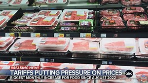 Food prices had the biggest monthly increase since August 2022, and are now 2.7% higher than a year ago, according to the latest inflation report from the Bureau of Labor Statistics. Rebecca Jarvis reports as Americans pay more for beef, fruit and coffee. https://abcnews.link/1wW8o32 | ABC World News Tonight with David Muir