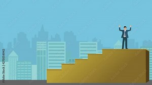 A Cartoon or Animated Version of a Business Man, Entrepreneur, or a Sales Executive Climbing up a Staircase to Indicate Growth, Career Development, & Business Growth Concept with a City in Background
