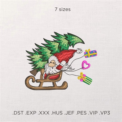 Christmas Gnome on Sleigh Machine Embroidery Design, Santa With Tree and Gifts Embroidery, Holiday Machine Embroidery Pattern for Xmas Decor - Etsy