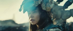 Portrait of sci-fi female soldier in futuristic amour standing in apocalyptic scene of destroyed after war city with debris, smoke and fire. Anamorphic 4k footage