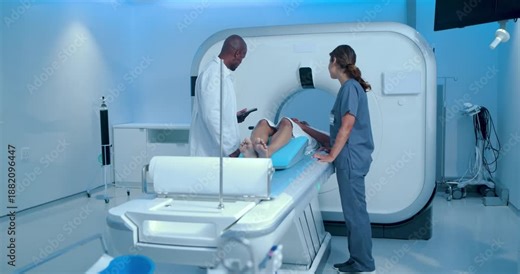 Patient with tech and physician entering left checking tablet, staff adjusting blue wedge for MRI