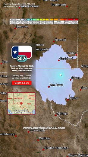 A shallow earthquake struck Texas. Mentone, Texas Earthquake - Farm to Market Rd 2119, 48.6 km (30.2 mi) W of Mentone, Texas, United States ▶️ Local time at epicenter: Tuesday, Feb 17, 2026, at 12:01 am (GMT -6) ▶️ Epicenter: Farm to Market Rd 2119, Culberson County, Texas, USA ▶️ Magnitude: 3.7 ▶️ Depth: 5.1 km The nearest larger town to the epicenter is Pecos, home to around 9,500 people and located about 40 mi to the southeast. Residents there likely experienced very weak shaking. Several sma
